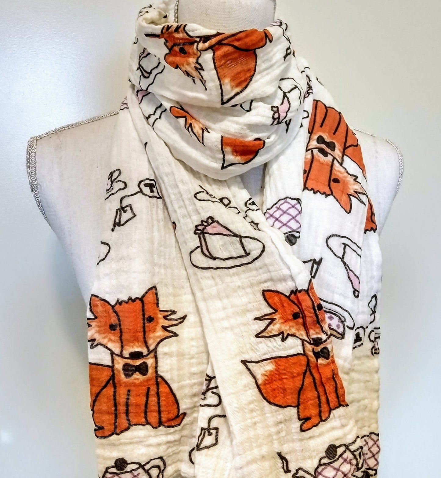 Fox Tea Party Scarf, Organic Cotton Gauze