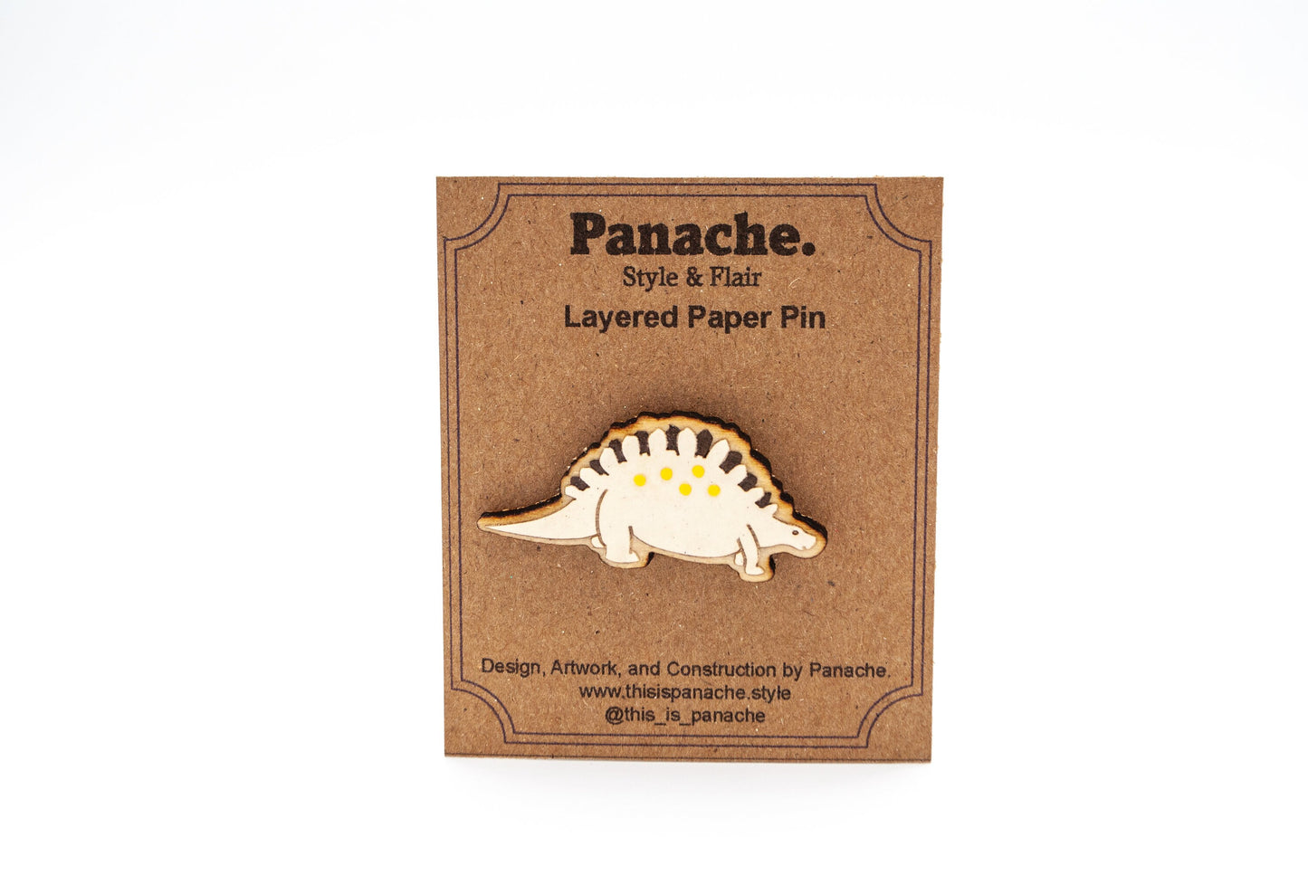 Dinosaur Stegosaurus Layered Paper Art Wooden Pin, Broach, Badge