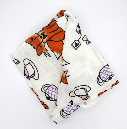 Fox Tea Party Scarf, Organic Cotton Gauze