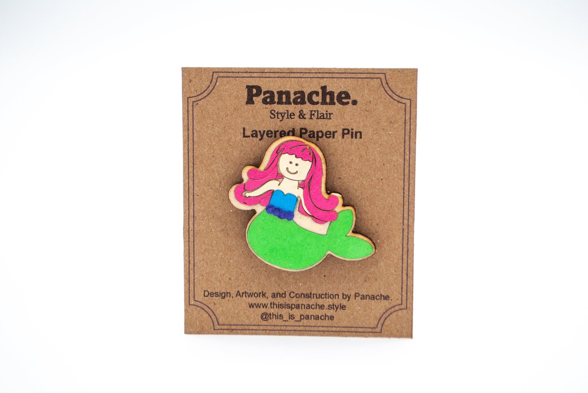 Mermaid Layered Paper Art Wooden Pin, Broach, Badge